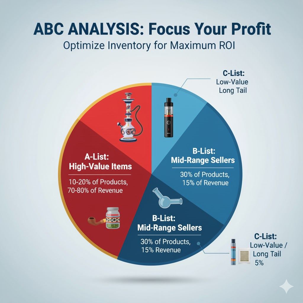 ABC analysis inventory pie chart infographic showing product categories revenue share for wholesale planning