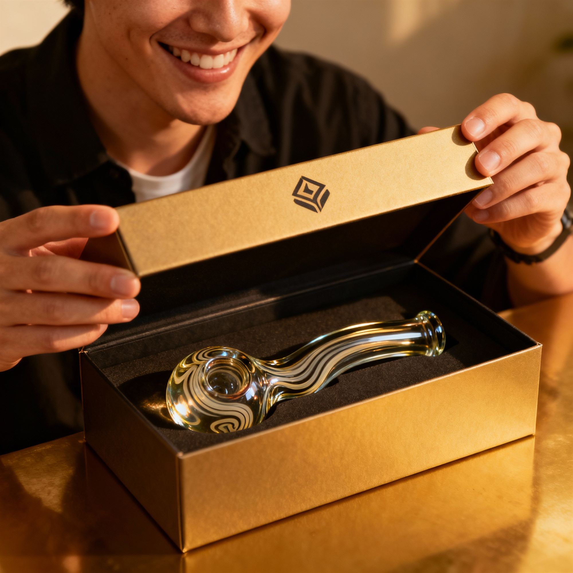 Amber tinted glass hand pipe with white gray swirls presented in a gold unboxing box
