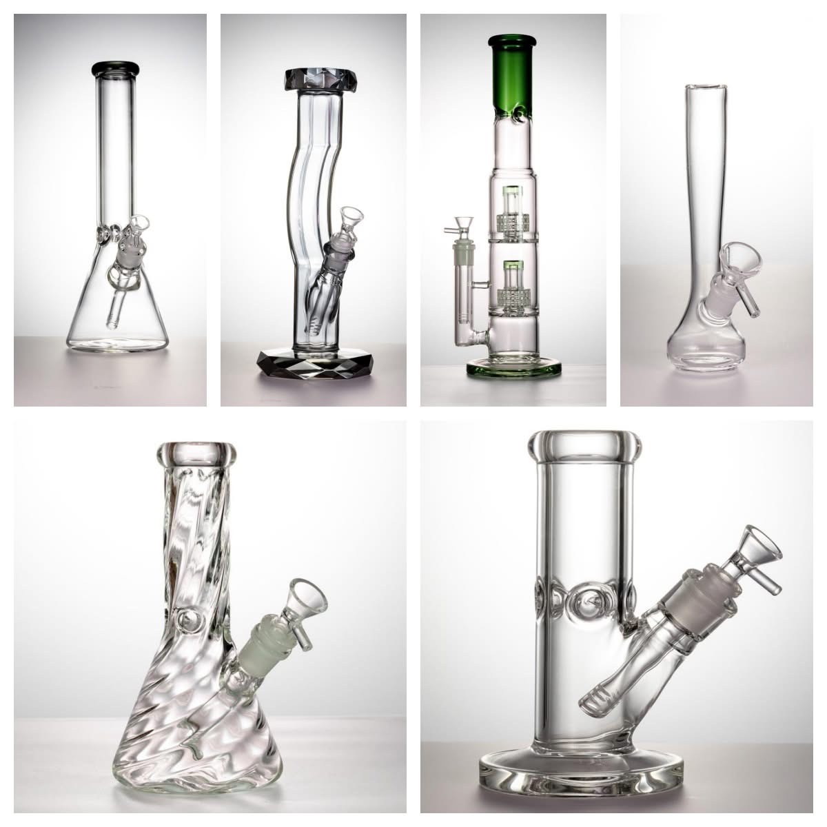 Four beaker-style glass bongs and percolator rigs