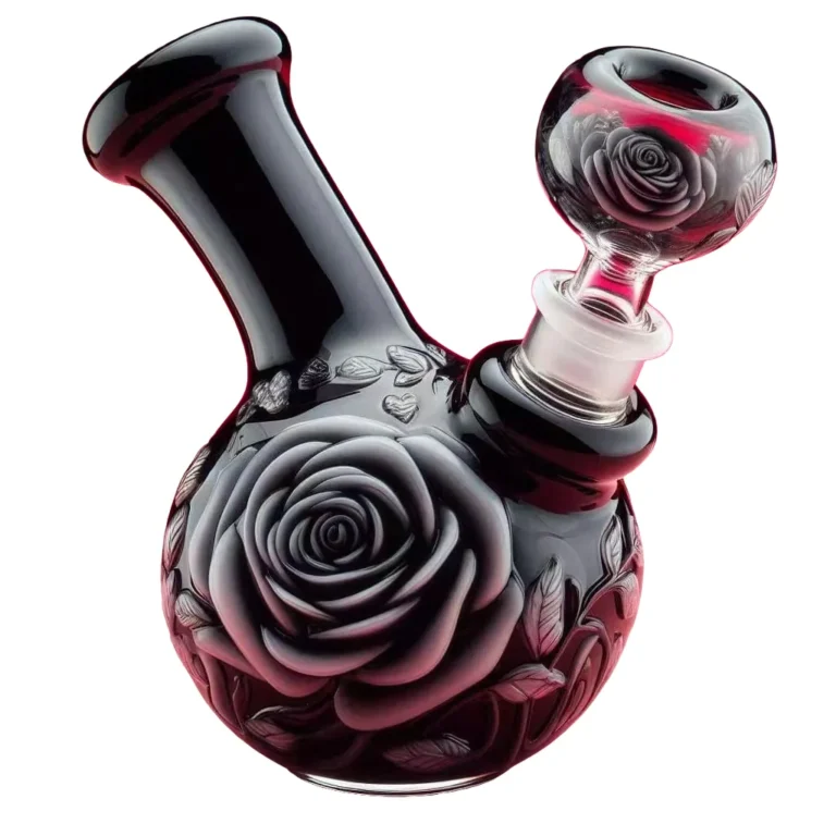 Black glossy glass bong with engraved three dimensional rose design and red accents on white