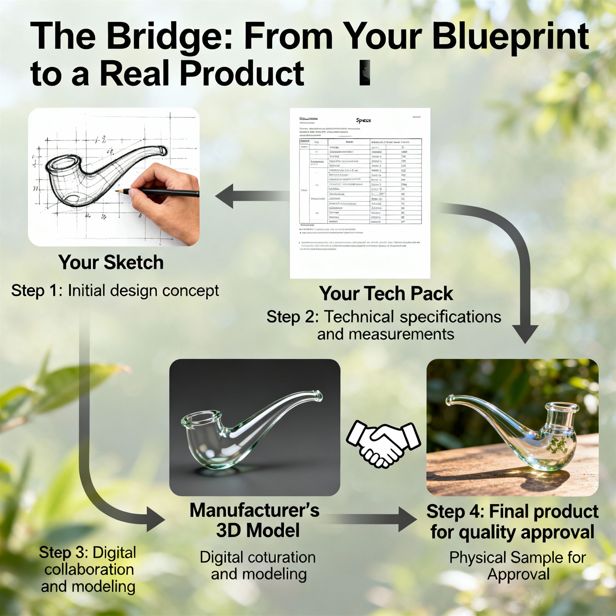 Technical guide for creating tech packs that protect glass pipe design intellectual property
