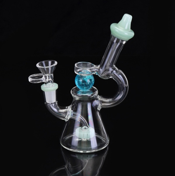 Glass bong with blue marble percolator and green silicone