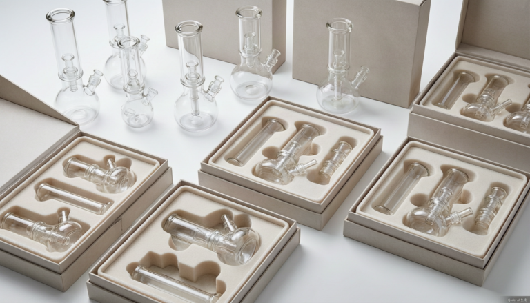 Custom-branded glass pipes packaged in premium retail boxes with custom foam inserts designed to protect each piece during shipping