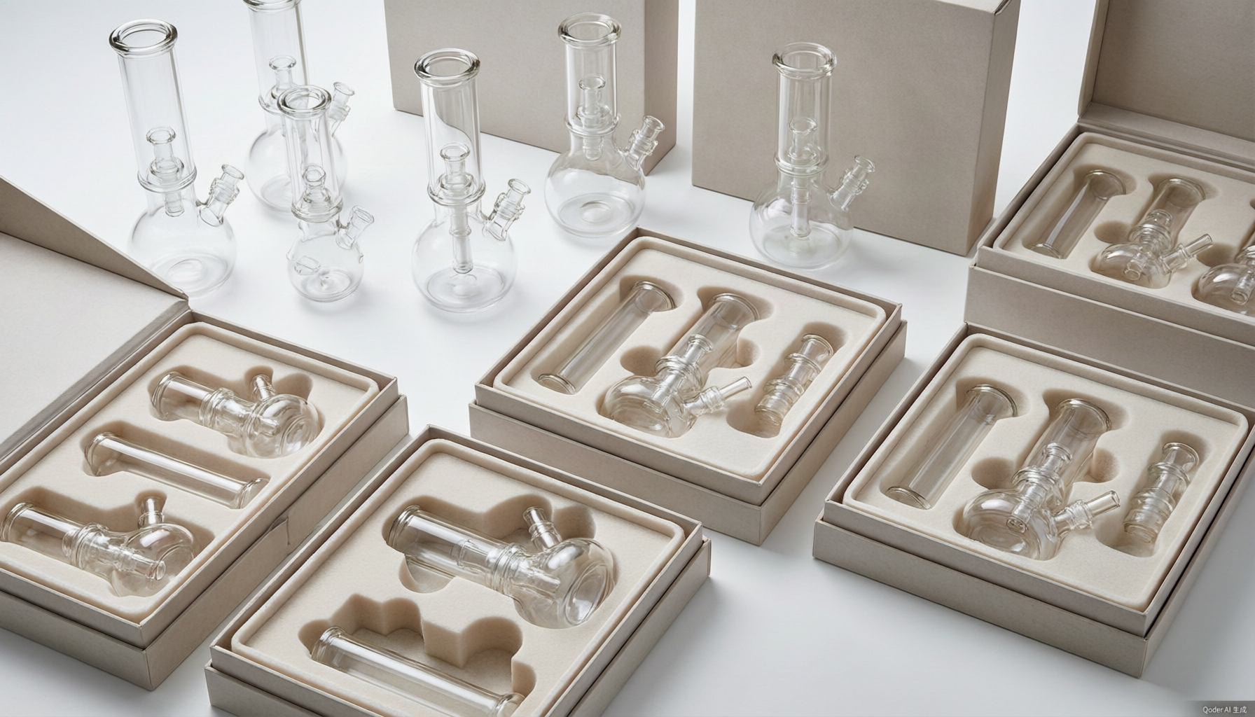 Custom-branded glass pipes packaged in premium retail boxes with custom foam inserts designed to protect each piece during shipping
