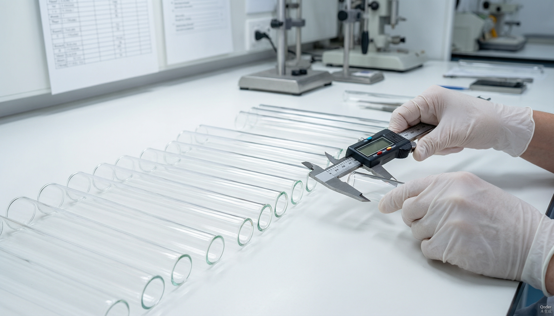 Quality control inspection of borosilicate glass pipes at factory