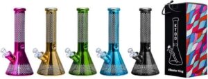 Five glass bongs with mesh percolators and branded box