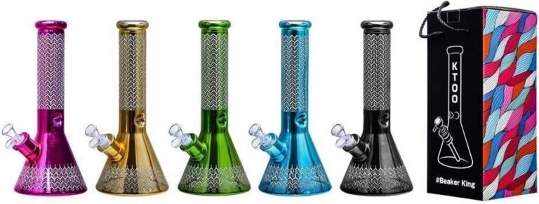 Five glass bongs with mesh percolators and branded box