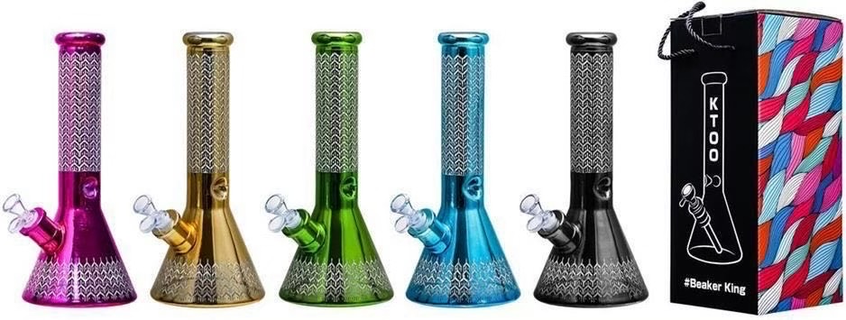 Five glass bongs with mesh percolators and branded box