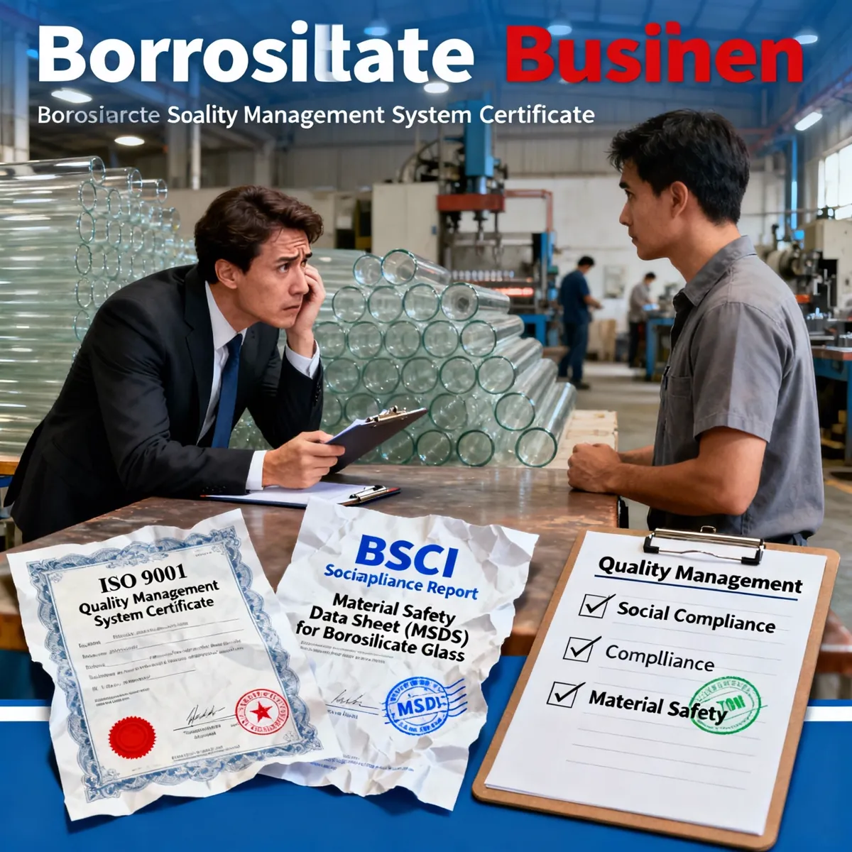 ISO 9001 BSCI MSDS quality documents reviewed with factory staff at table