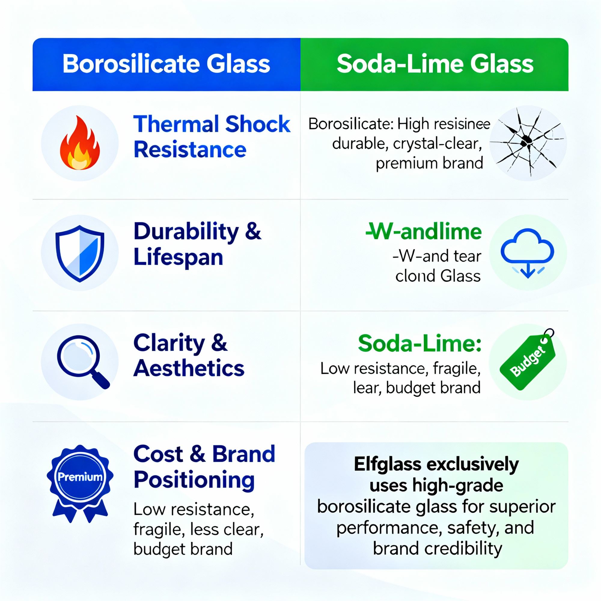 Comparison infographic of borosilicate versus soda-lime glass covering thermal shock durability clarity and cost