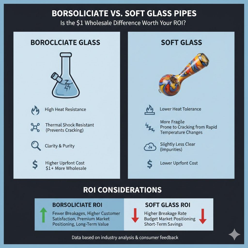 Infographic comparing borosilicate glass pipe heat resistance with soft glass fragility wholesale ROI options