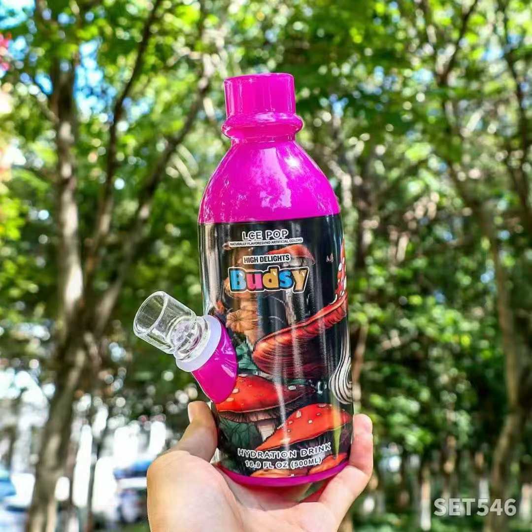 Black Budsy drink bottle water pipe with pink silicone glass mouthpiece