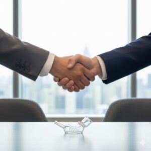 Business handshake over conference table with small Elfglass branded glass pipe in foreground for wholesale deal