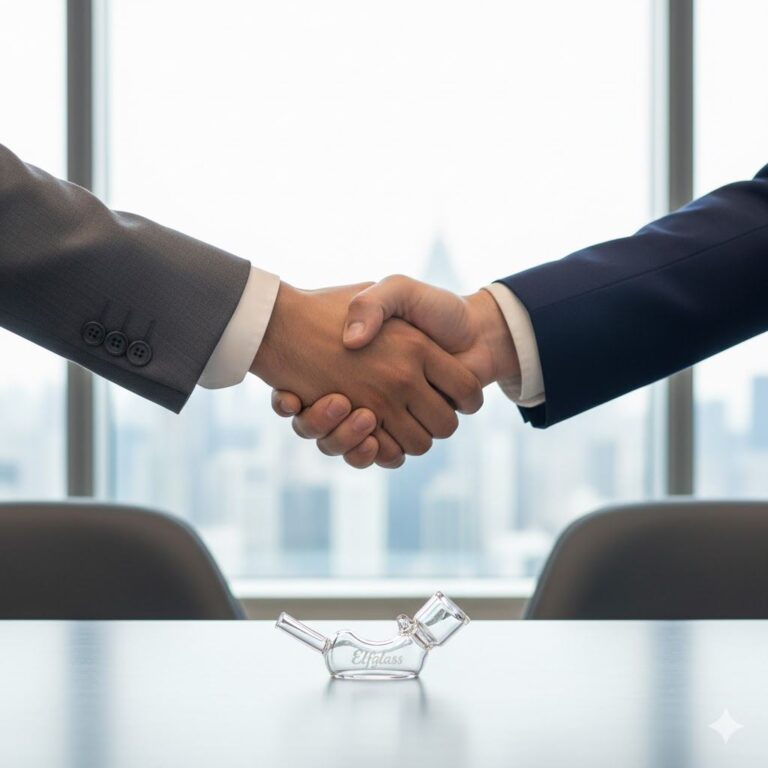 Business handshake over conference table with small Elfglass branded glass pipe in foreground for wholesale deal