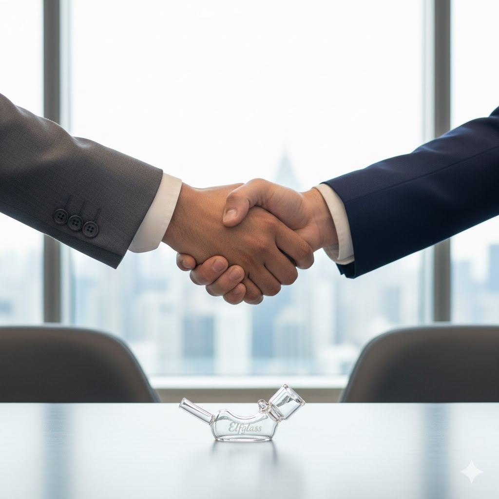 Business handshake over conference table with small Elfglass branded glass pipe in foreground for wholesale deal