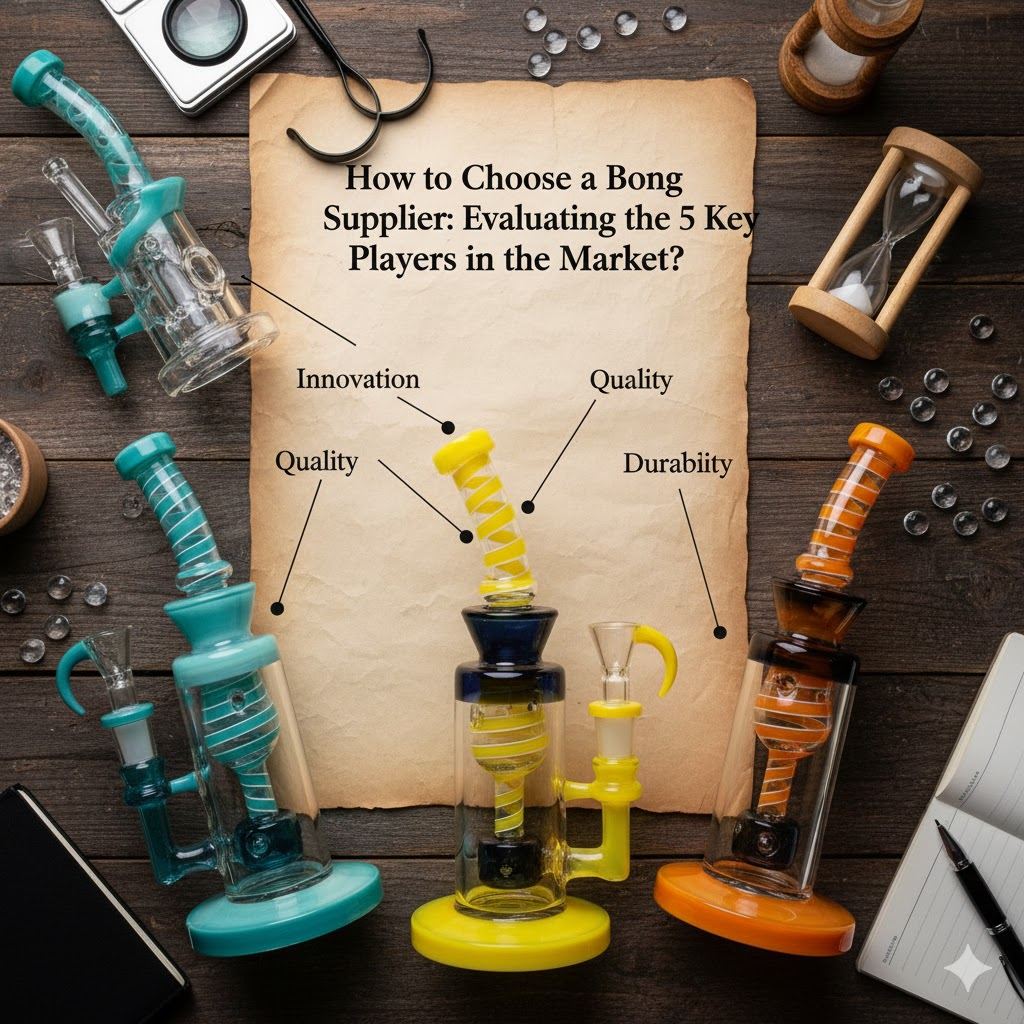 Teal yellow orange spiral percolator bongs on wooden table with supplier evaluation labels, buying guide