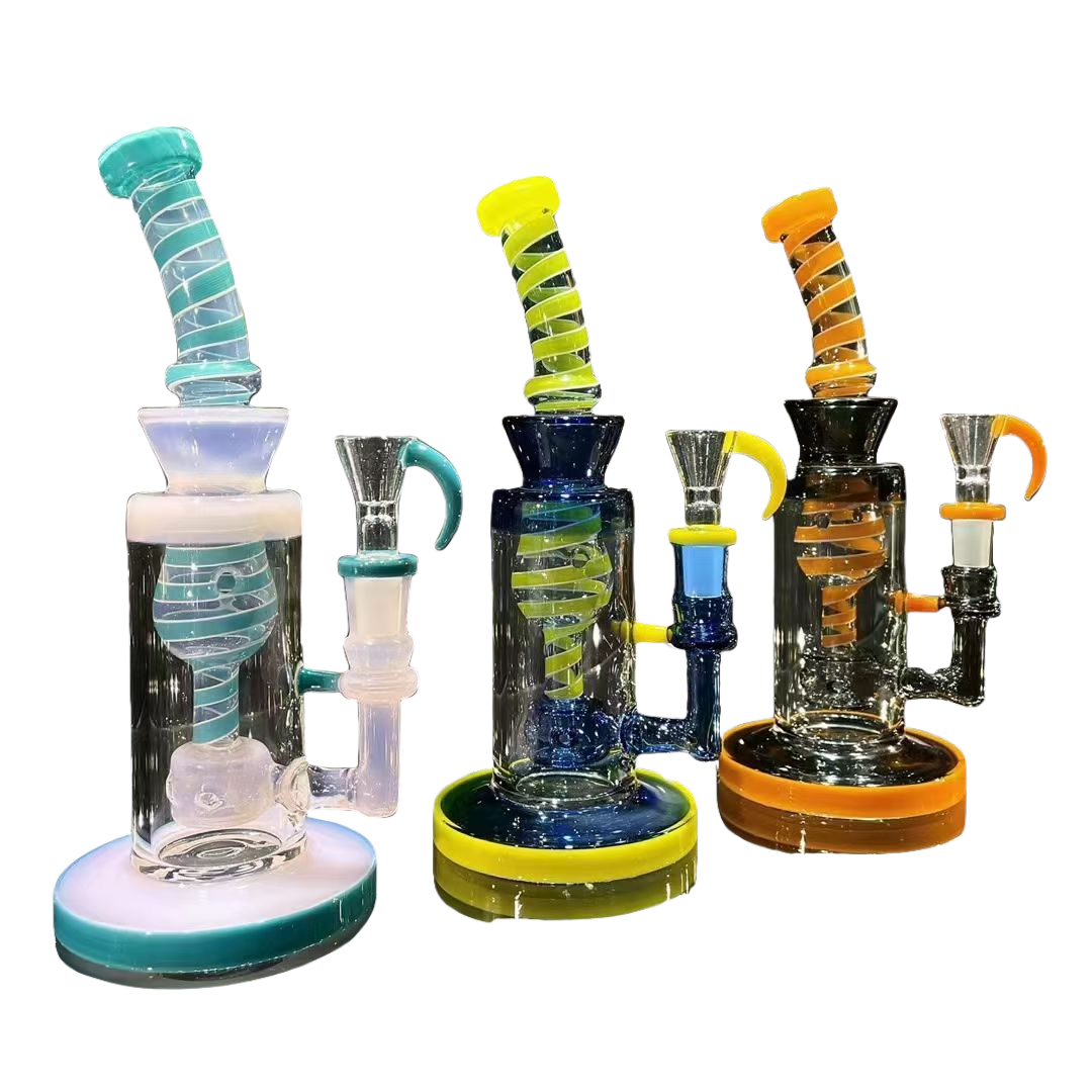 Four conical base glass bongs in pastel colors popular with wholesale beaker bong buyers