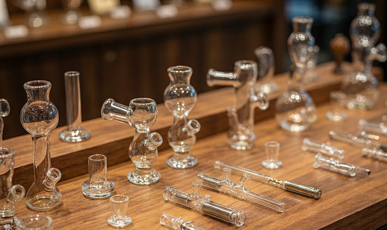 Smoke shop counter display with glass hand pipes and dab accessories