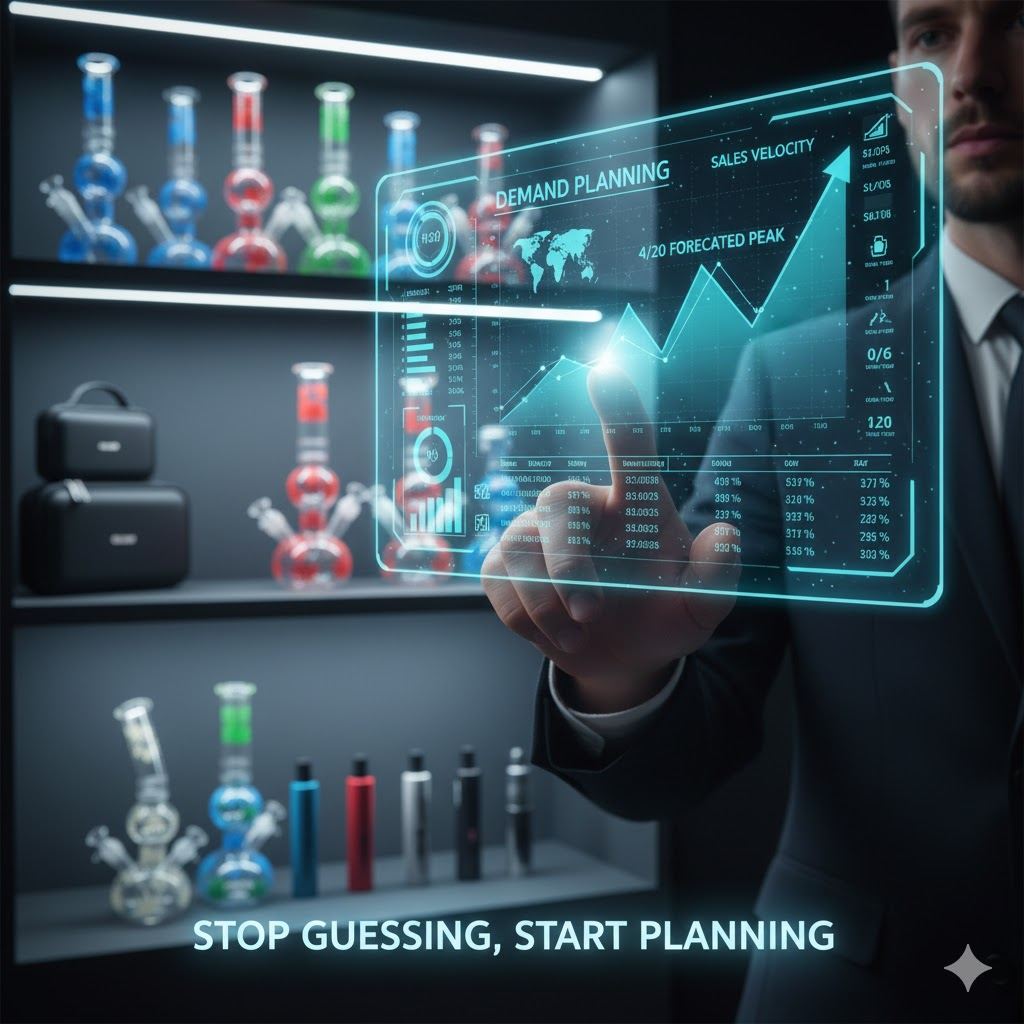 Holographic demand planning dashboard above glass bong shelves, wholesale retail sales forecasting concept