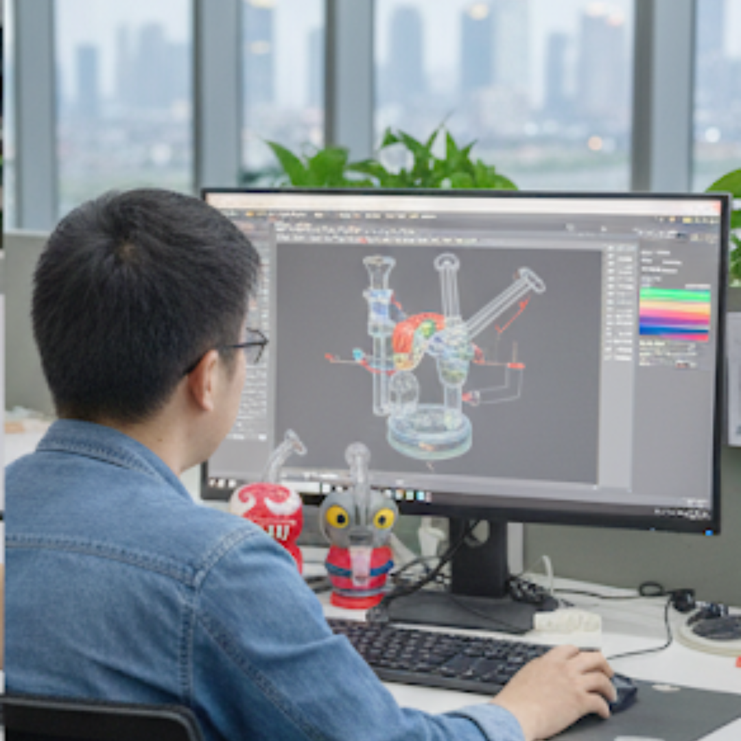 Designer modeling a Yoda bong in 3D CAD software