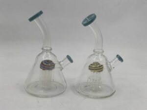 Two glass bongs with dual arms and gold silver percolators