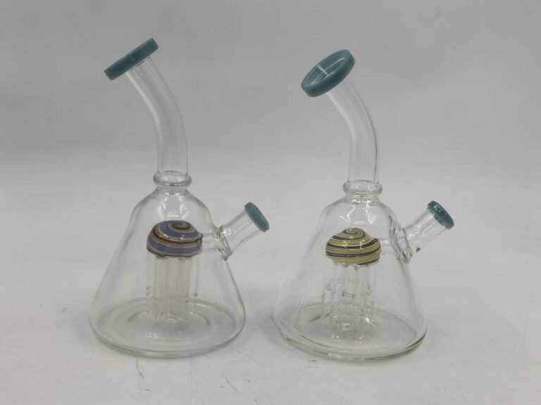 Two glass bongs with dual arms and gold silver percolators