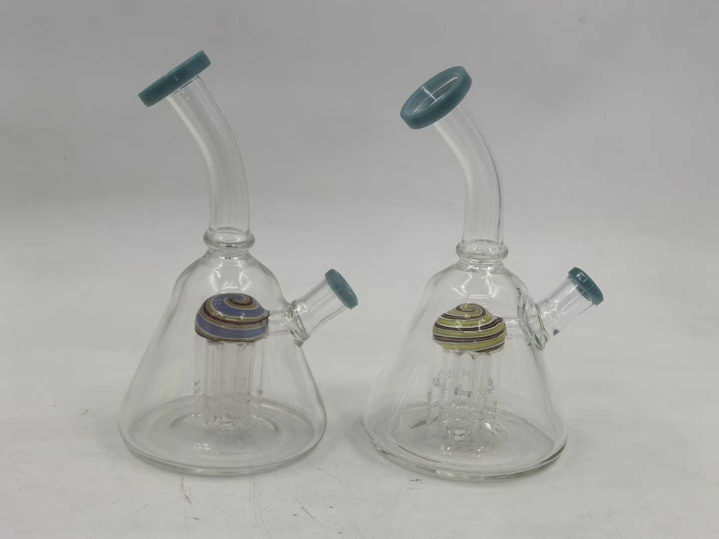 Two glass bongs with dual arms and gold silver percolators
