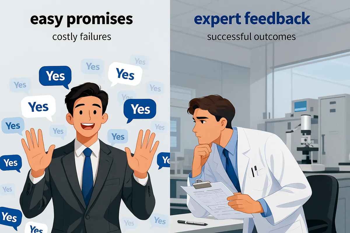 Vector illustration showing smiling salesman with yes bubbles versus scientist reviewing clipboard for sample evaluation