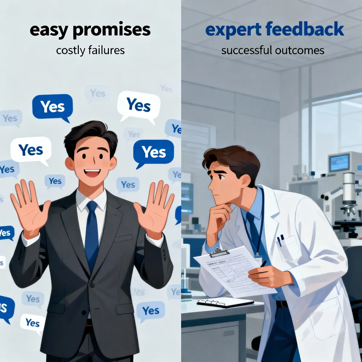 Cartoon comparison of easy promises against expert feedback for pipe quality