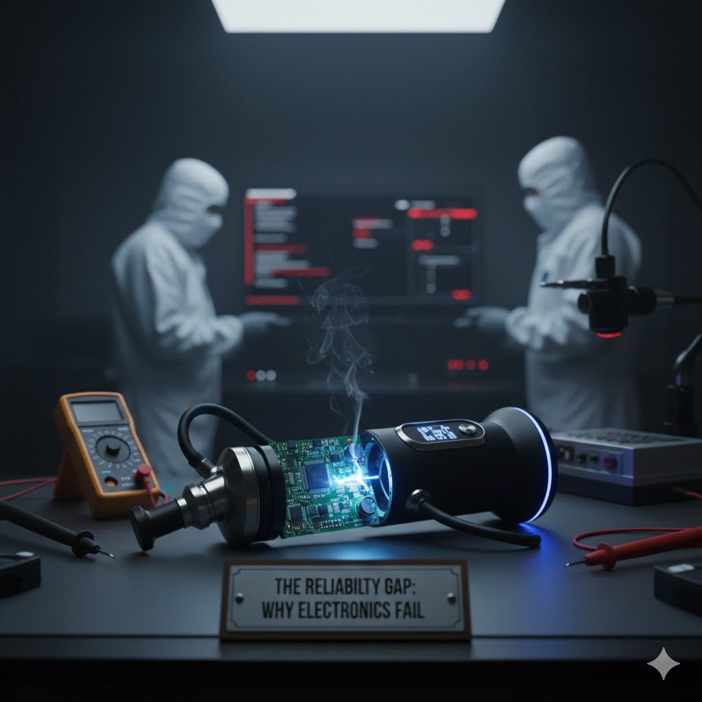 Electronics reliability gap infographic showing circuit board stress testing with blue arc in dark laboratory