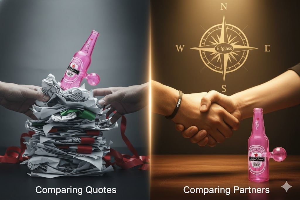 Elfglass graphic contrasting a pile of quote documents with a handshake partnership scene and compass