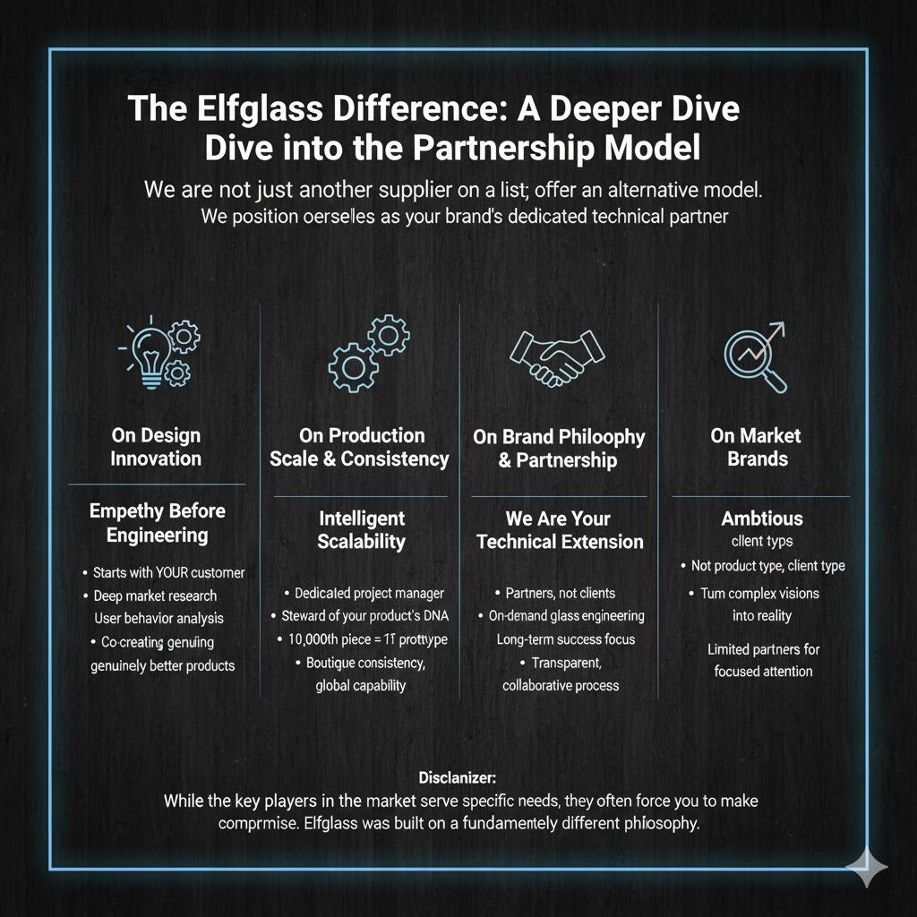 Elfglass partnership model infographic covering design innovation, production scale, brand philosophy and market brands