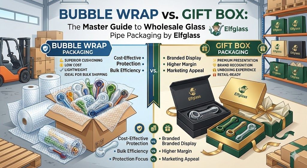 Elfglass packaging infographic comparing bubble wrap and gift box options for wholesale glass pipe shipments