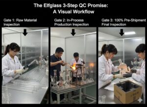 Elfglass quality control workflow with technicians inspecting glass tubes and bongs at three inspection gates