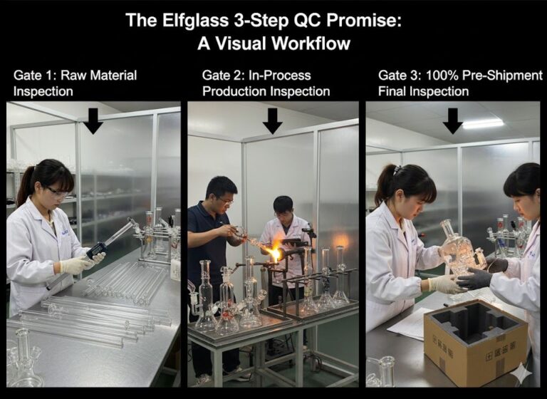 Elfglass quality control workflow with technicians inspecting glass tubes and bongs at three inspection gates