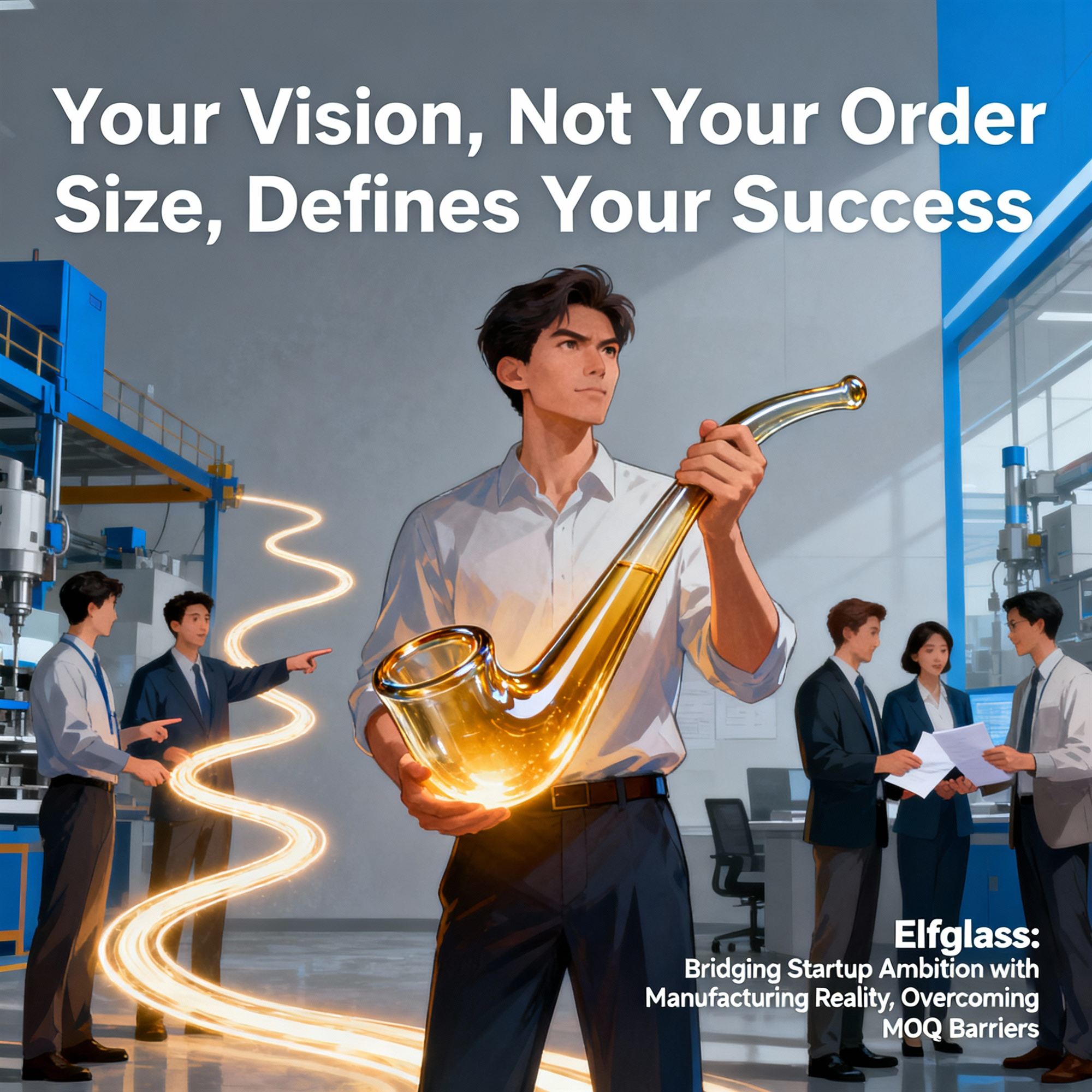 Elfglass brand illustration of man holding glowing golden pipe symbolizing startup vision beyond order size