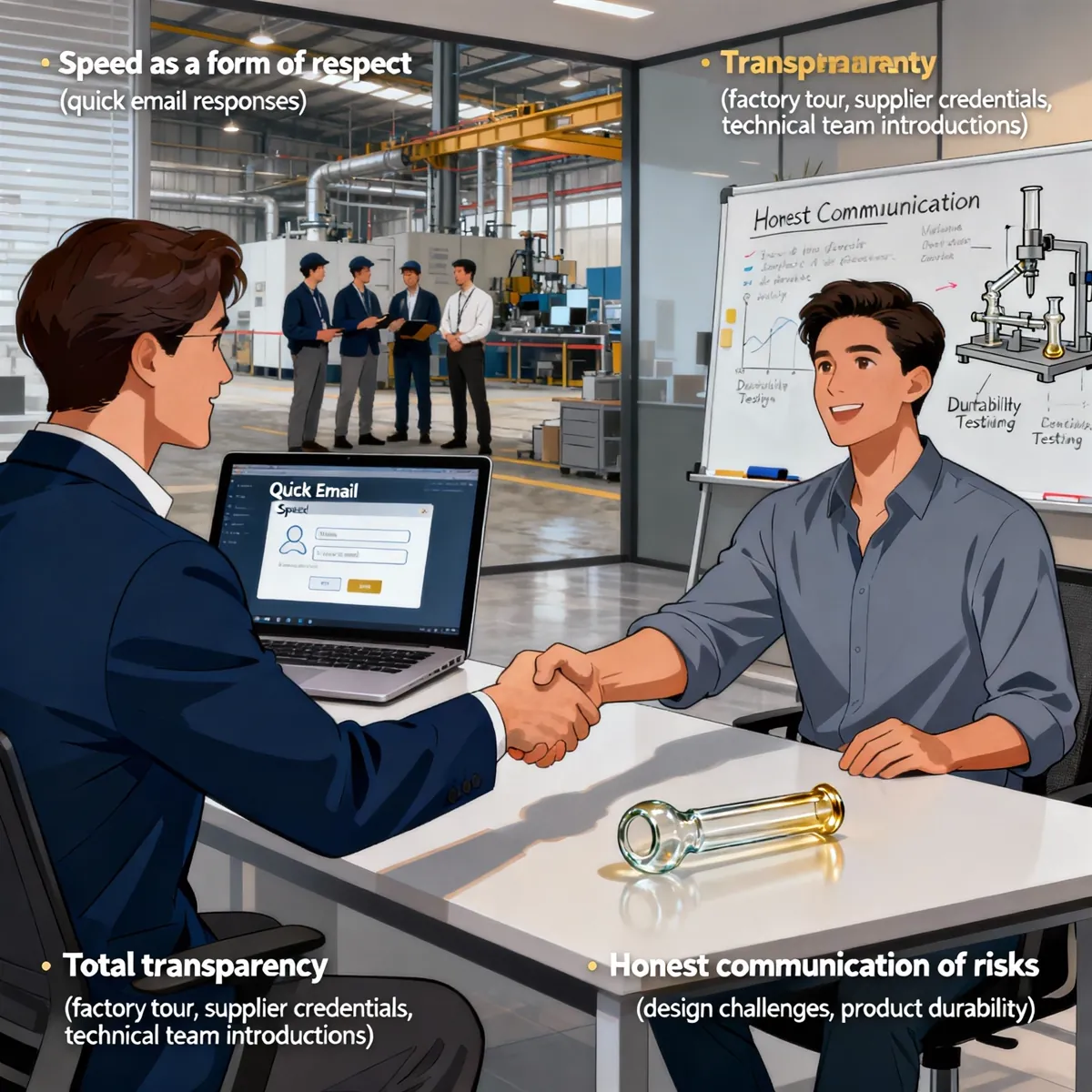 Business handshake illustration with factory floor and transparent communication values