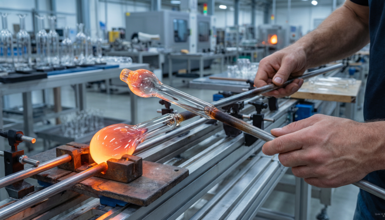 Custom borosilicate glass pipe being hand-blown by a skilled artisan in a certified Chinese manufacturing facility with 8 production lines