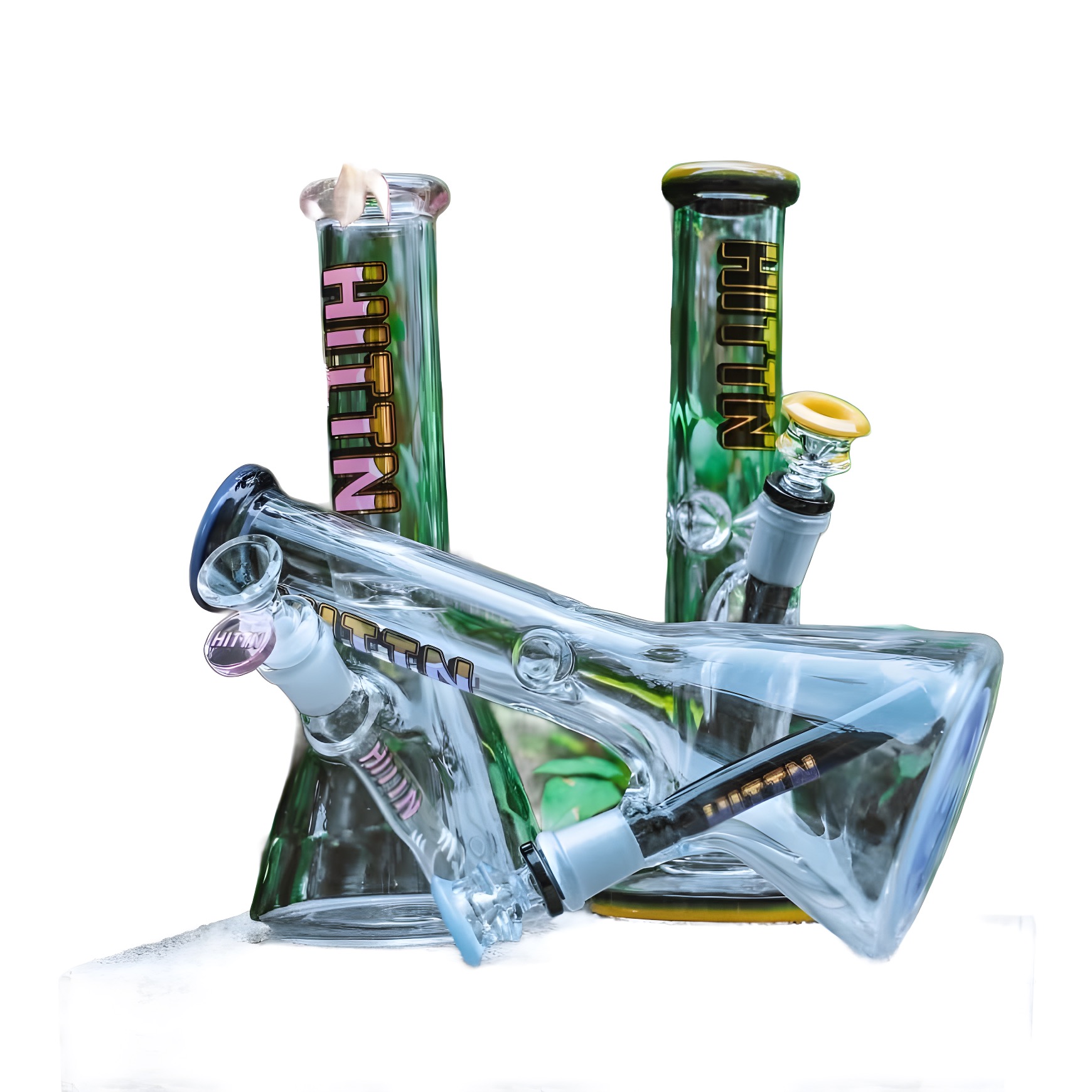 Finished glass bong and tubes with metal fittings