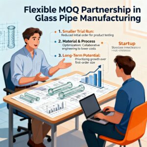 Infographic showing flexible MOQ glass pipe partnership with engineers reviewing blueprints and glass prototypes