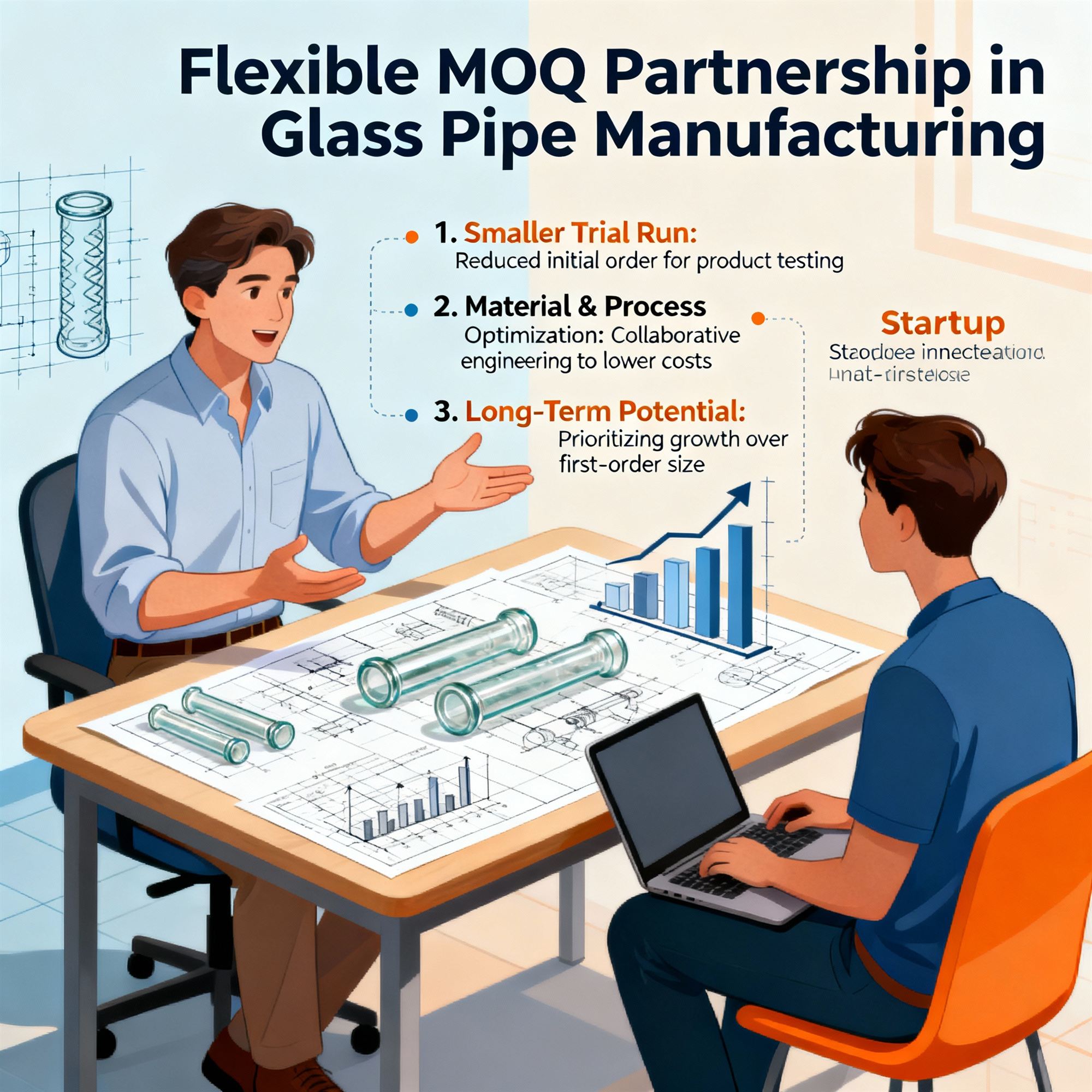 Infographic showing flexible MOQ glass pipe partnership with engineers reviewing blueprints and glass prototypes