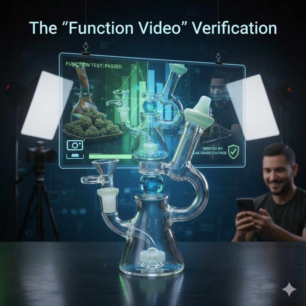 Function video verification scene with clear multi chamber glass bong holographic pass display and studio lights