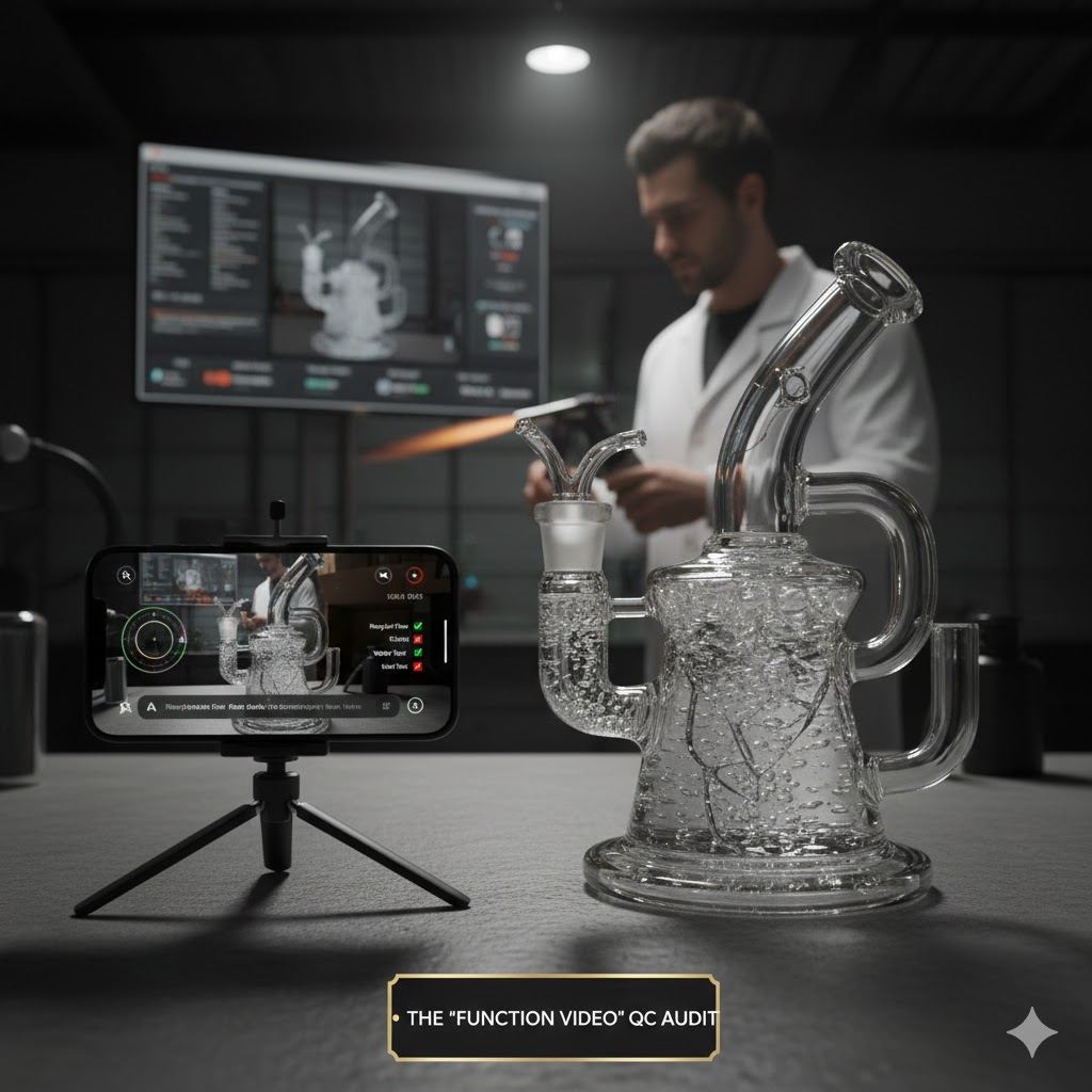 Function video QC audit scene with glass bong AR smartphone seal test checklist and technician monitoring