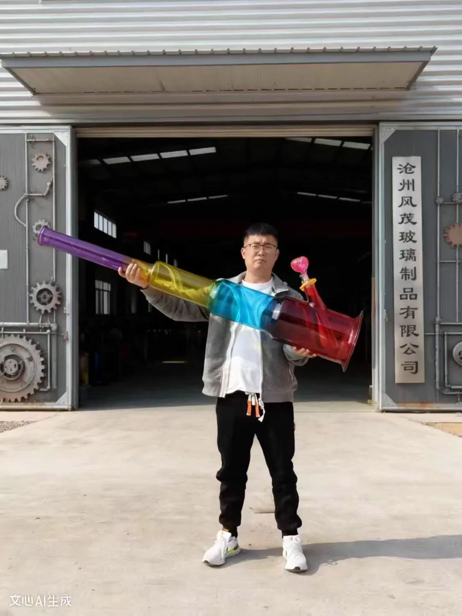 Man holding oversized multicolor glass bong with purple yellow blue red sections outside warehouse