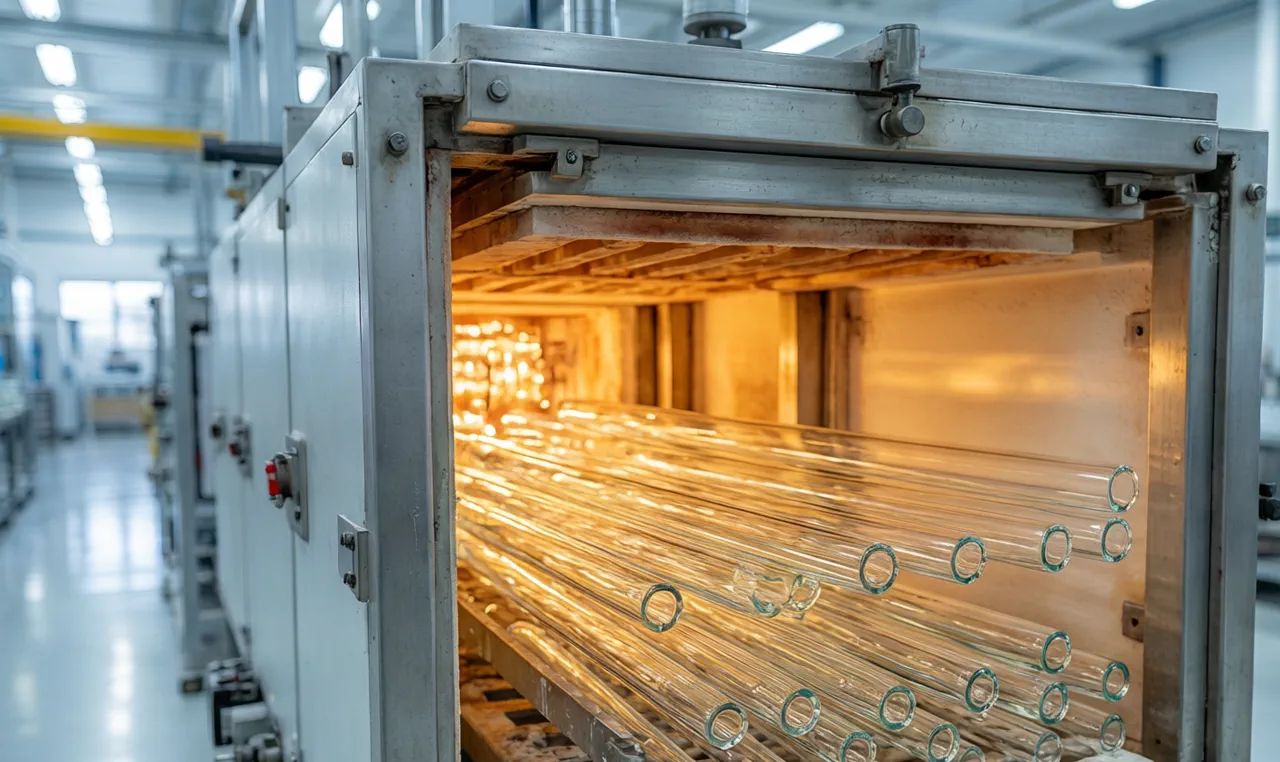 Glass annealing kiln slowly cooling glass pipes to remove internal stress