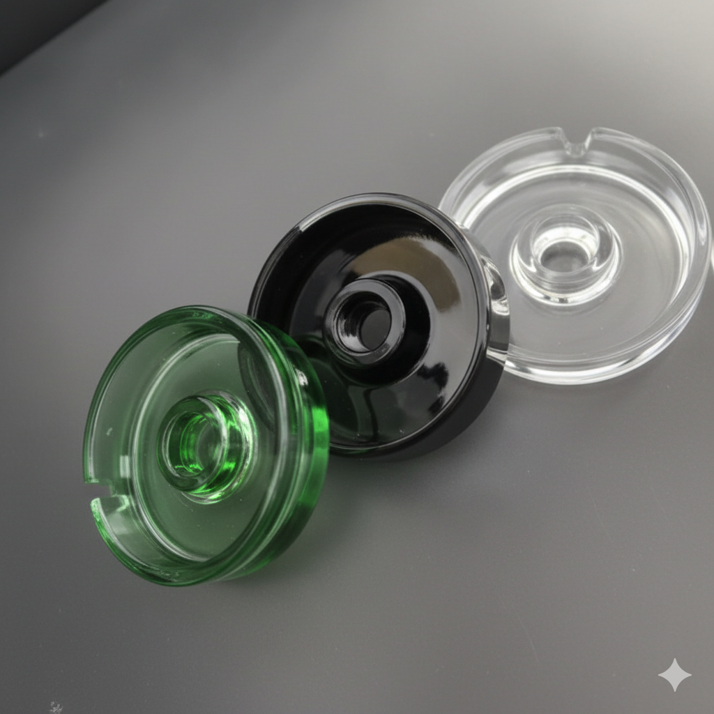 Three glass ashtrays in green black and clear
