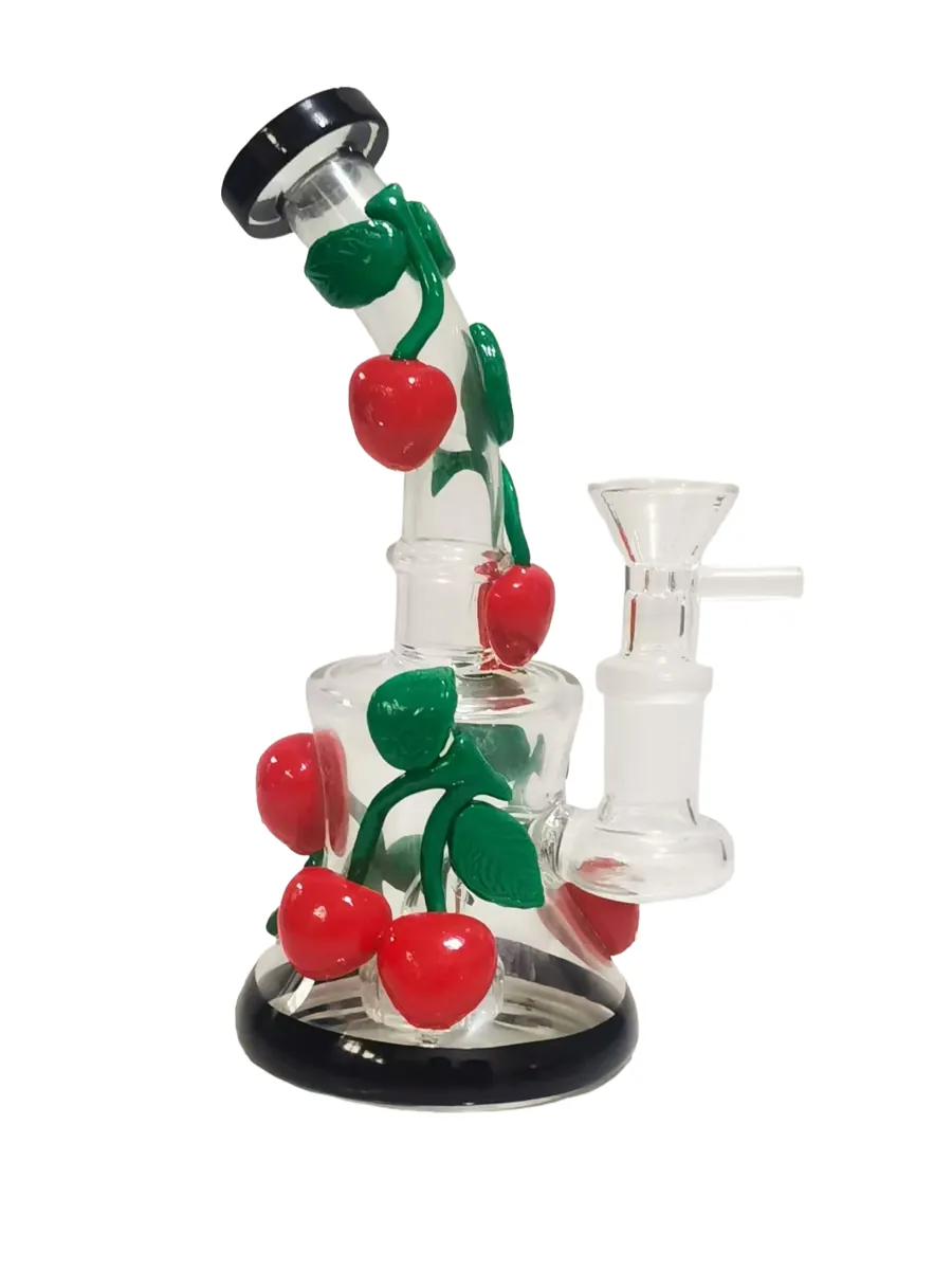 Clear glass bong decorated with glossy red cherries and green leaves on black base