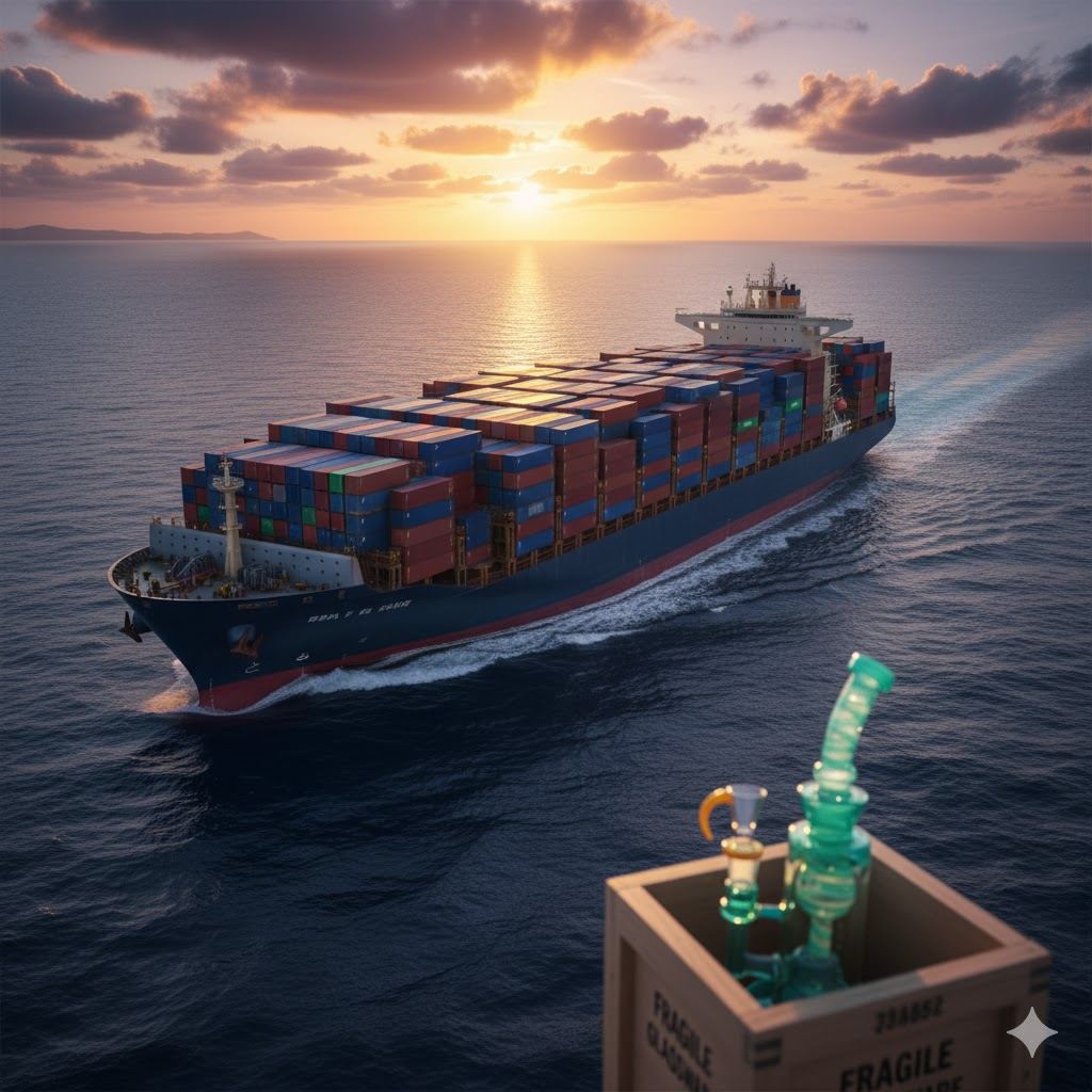 Translucent green glass bong in a wooden glassware crate before a container ship at sunset