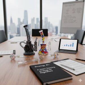 Mario themed glass bong and black rose bong on a conference table with strategy documents