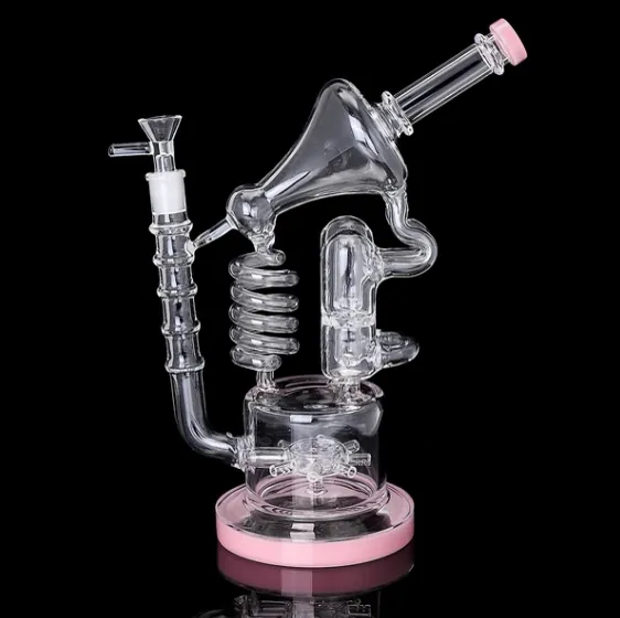 Multi-chamber glass bong with spiral percolator diffuser, pink base and mouthpiece tip on black background